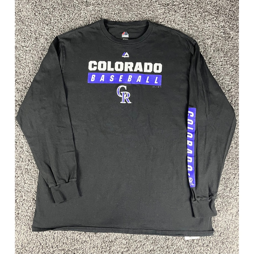 Majestic Colorado Rockies Mens XL Long Sleeve Baseball T-Shirt Black CR Logo